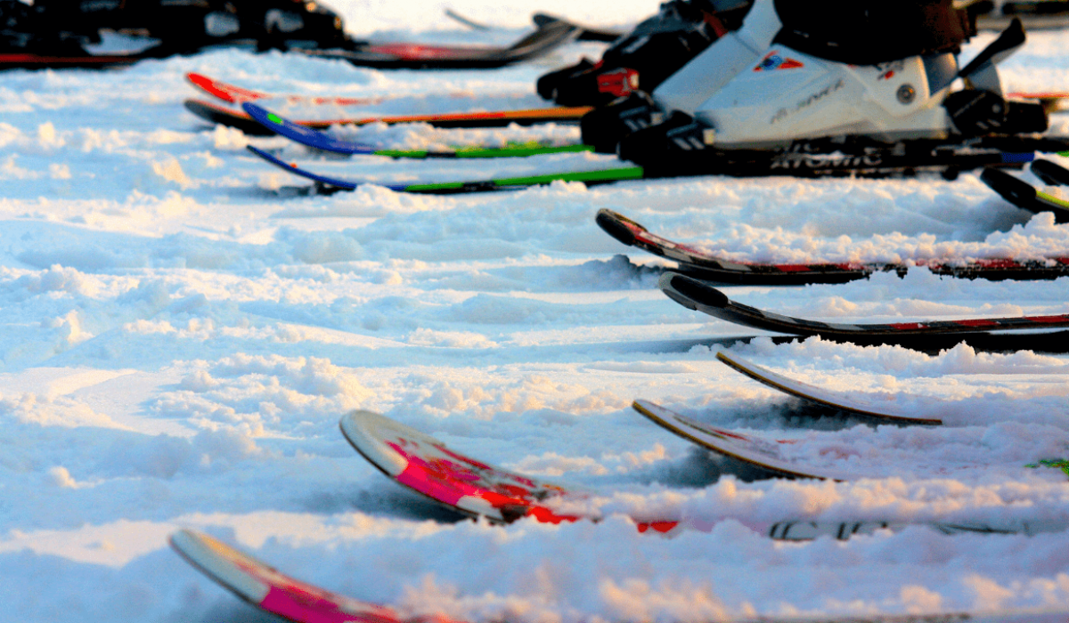Varios pares de esquís usados sobre la nieve.