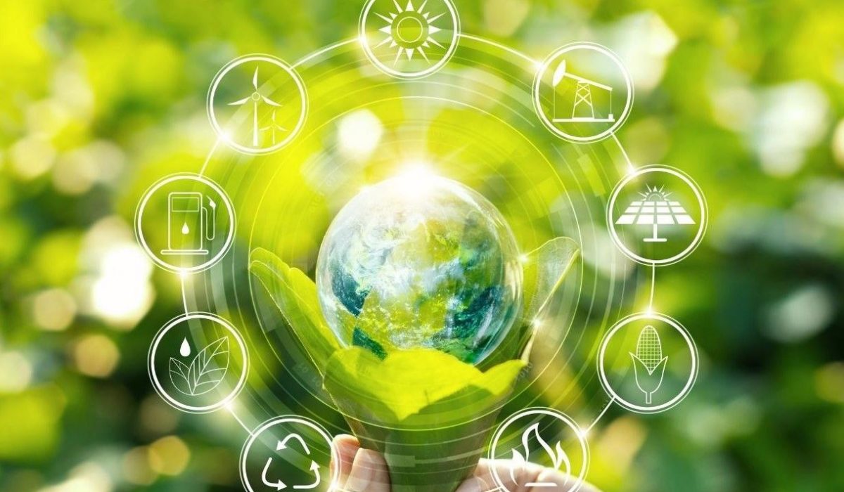 El mundo se muestra con una superposición de varios íconos ambientales y de salud. El fondo es una exuberante jungla.